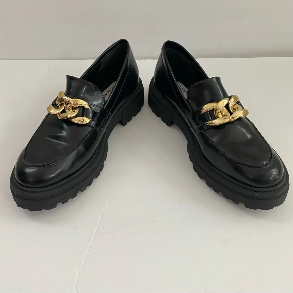 Steve Madden Makira Black Chunky Loafers with Gold Chain Size 8.5 - Picture 4 of 9